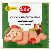 Robert - Chicken Luncheon Meat (Halal) - 340g can features ready-to-eat slices with images of tomato, cucumber, and a rooster on the front.